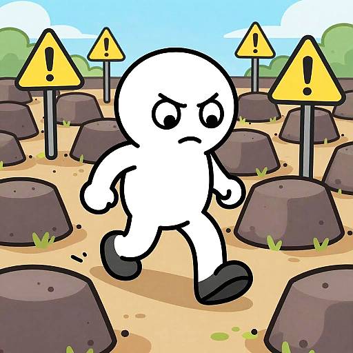 Cartoon white character with angry expression runs through rocky desert with yellow warning signs, blue sky, and green trees in background.