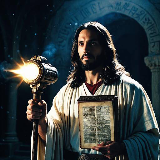 Jesus Holding Mace Launcher and Ancient Scripture