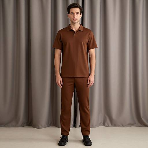 Photograph of a young man with short dark hair, wearing a brown polo shirt and matching brown pants, standing against gray curtains, with black shoes on