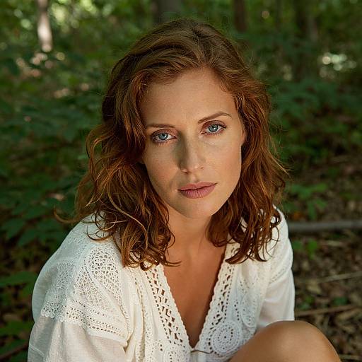 Photograph of a fair-skinned woman with blue eyes, wavy brown hair, wearing a white lace blouse, sitting in a forest.