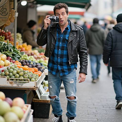Photograph of a surprised man with dark hair, wearing a black leather jacket, blue plaid shirt, and ripped jeans, taking a photo at a