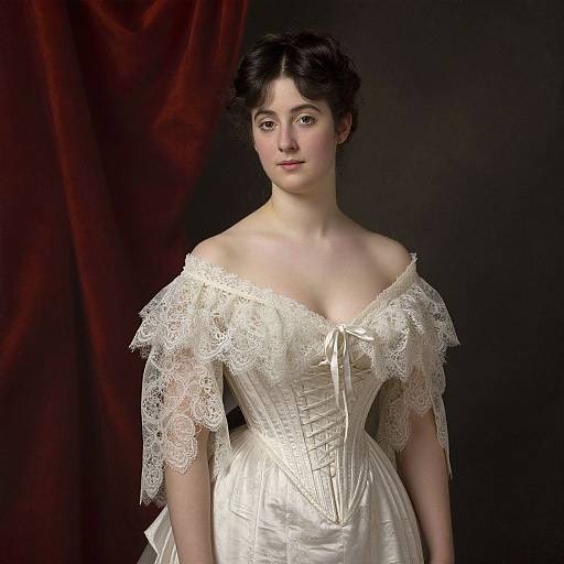Photograph of a young Caucasian woman with fair skin and dark hair, wearing an off-the-shoulder, lace-trimmed, white Victorian dress