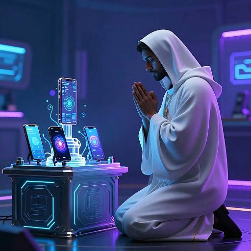 Photorealistic digital artwork of a bearded man in a white hoodie, kneeling in prayer, surrounded by glowing futuristic gadgets and screens.