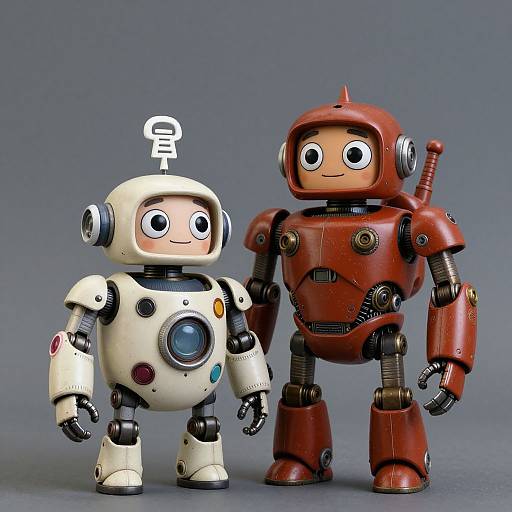 Photograph of two vintage-style, cartoonish robots: a white one with colorful buttons and a red one with a metallic finish, standing side-by-side