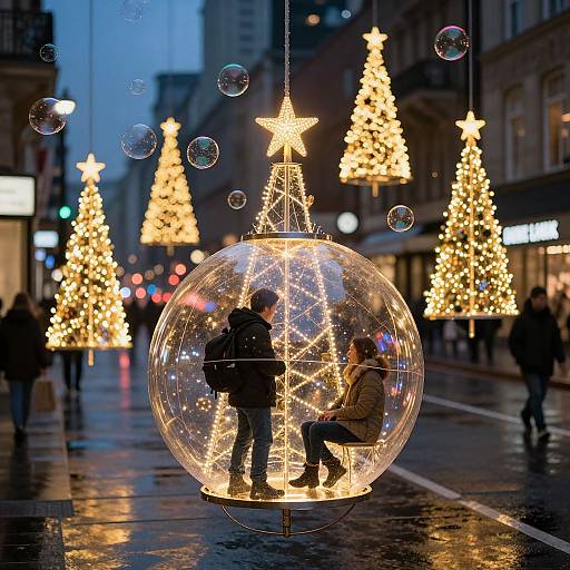 Photograph of a street scene at dusk, featuring a glowing glass Christmas ornament with two silhouetted children inside, surrounded by star-shaped illuminated trees