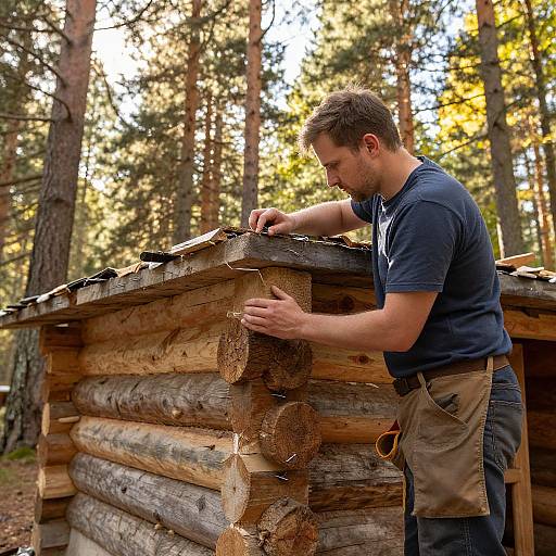 Photograph of a Caucasian man with short brown hair, wearing a navy t-shirt and tan apron, sawing logs in a sunlit forest.