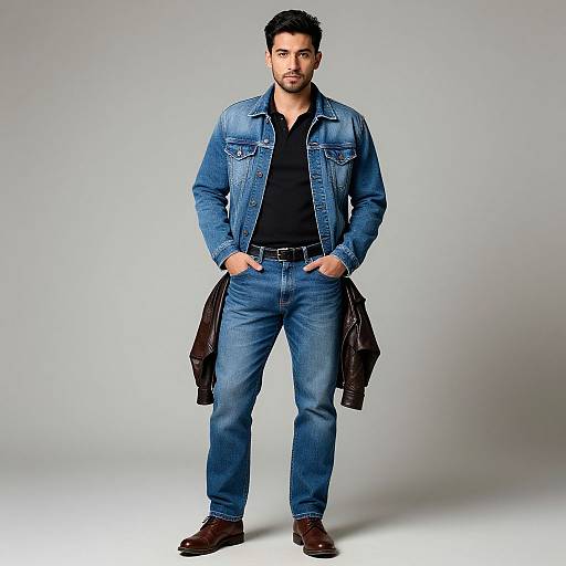 Photograph of a handsome man with short black hair, beard, wearing a blue denim jacket, black shirt, blue jeans, brown belt, and brown