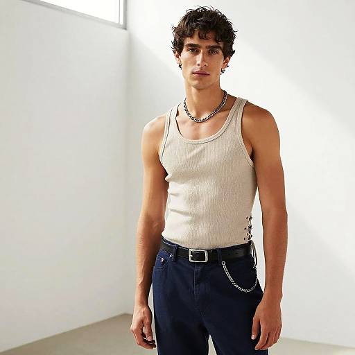 Photograph of a young, muscular man with dark, curly hair, wearing a white tank top, black pants, and a chain necklace, standing against