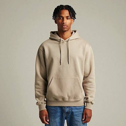 Photograph of a young Black man with short, curly hair wearing a beige hoodie and blue jeans, standing against a plain light gray background.
