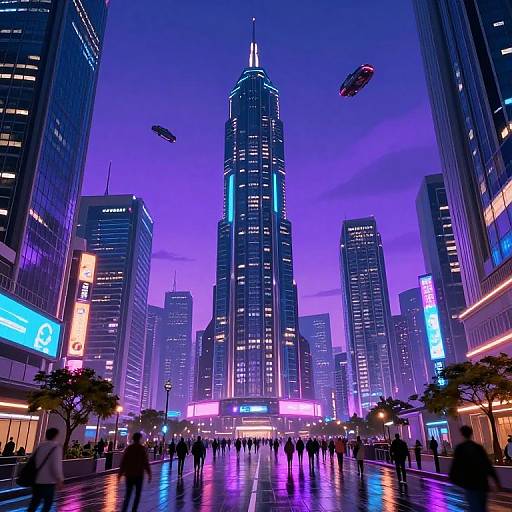 Neon-lit, futuristic cityscape photograph of a towering skyscraper at dusk, surrounded by flying cars, colorful lights, and bustling pedestrians.