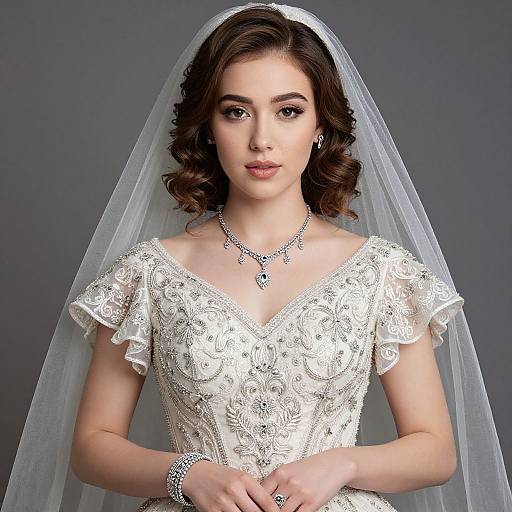 Elegant Young Bride in Silver Embroidery