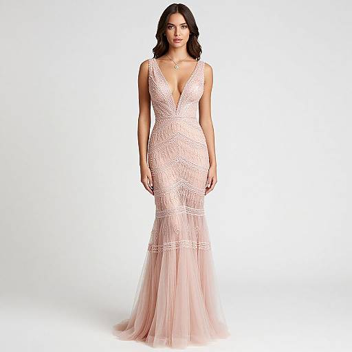 Photograph of a dark-haired woman in a form-fitting, pale pink, deep V-neck lace mermaid gown, standing against a plain white background