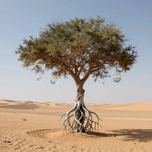 Photorealistic digital art of a desert tree with twisted roots, green foliage, and floating water bubbles under a clear blue sky.