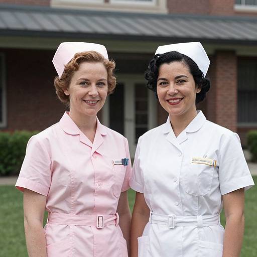 Photograph of two smiling women in 1950s-style nurse uniforms, one pink and one white, standing in front of a brick building.