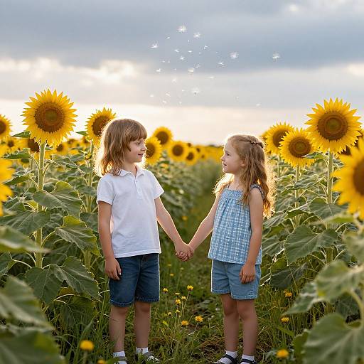 Photograph of two young children, a boy in a white polo and denim shorts, a girl in a blue checkered dress, holding hands in a