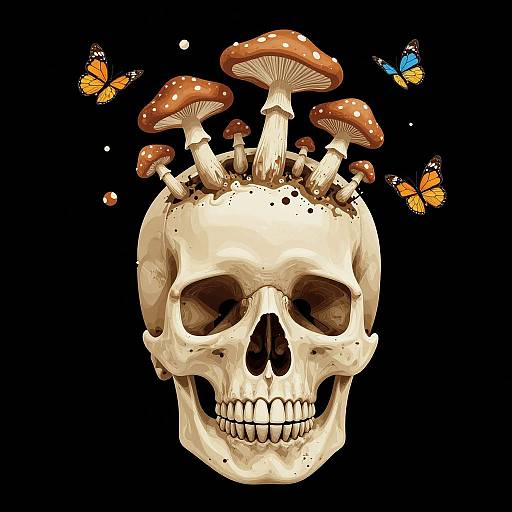 Digital artwork of a skull with brown mushrooms growing from its top, surrounded by orange butterflies, set against a black background.