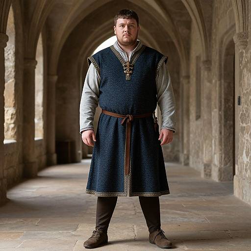 Photograph of a muscular, bearded man in medieval attire, standing in a stone arched hallway, wearing a blue sleeveless tunic and brown