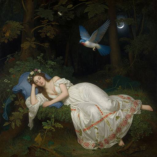 A serene, moonlit forest scene with a fair-skinned woman in a white, floral-embroidered gown, asleep, and a blue dove