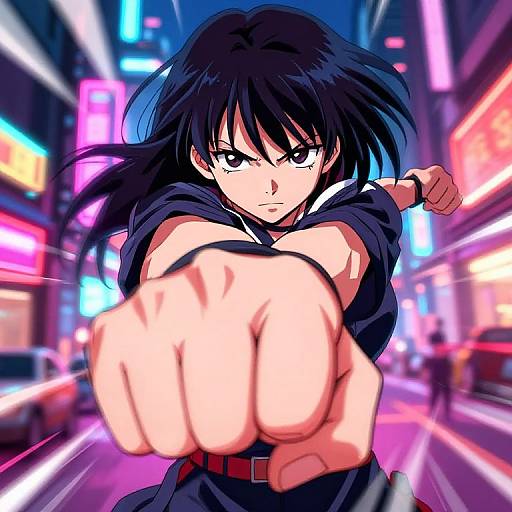 Anime-style digital drawing of a determined girl with black hair and intense eyes, extending her fist towards the viewer in a neon-lit urban street at night