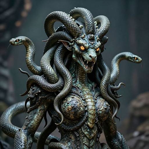 Digital artwork of a dark, serpentine monster with multiple snake heads, glowing orange eyes, and scales covering its muscular, humanoid body. Background is