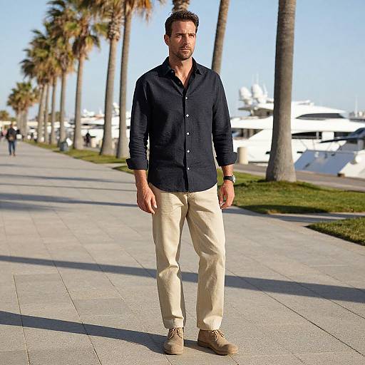 Photograph of a fit, light-skinned man with short brown hair, wearing a navy shirt, beige pants, and brown boots, standing on a