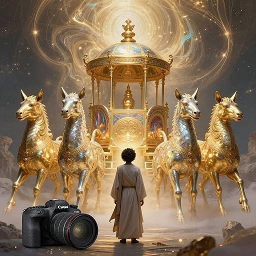 Photograph-like digital art: Person in white robe faces glowing golden temple with two golden, ornate horses, camera and lens on ground.