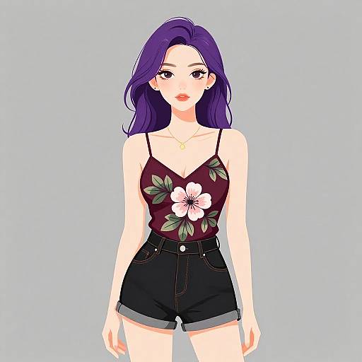 Digital anime-style drawing of a fair-skinned woman with purple hair, wearing a black floral camisole and high-waisted black shorts, against