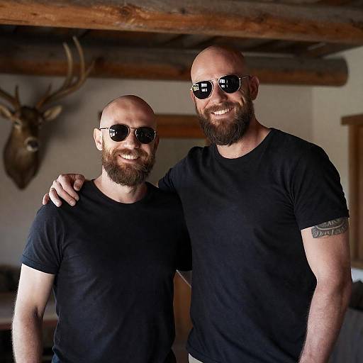 Bald Bearded Friends in Rustic Room