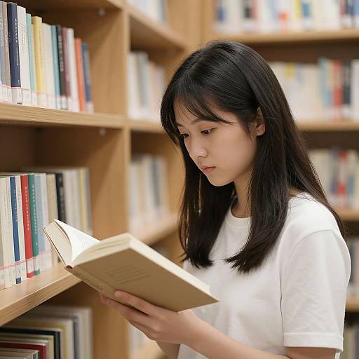 Photograph of an Asian woman with straight black hair, wearing a white t-shirt, intently reading a book in a wooden bookshelf-filled library.