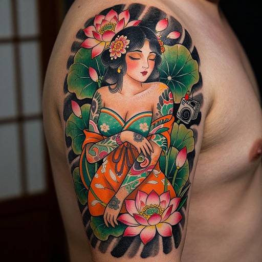 Vivid tattoo of a serene Asian woman with closed eyes, floral hairpiece, orange and green kimono, surrounded by lotus flowers and large leaves