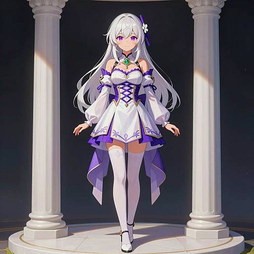 Anime Girl in White and Purple Dress