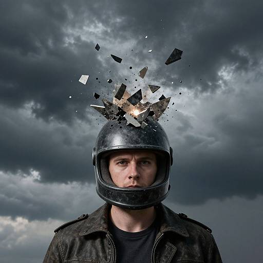 Photograph of a serious man in a black helmet with broken glass shards exploding from it, against a stormy sky.