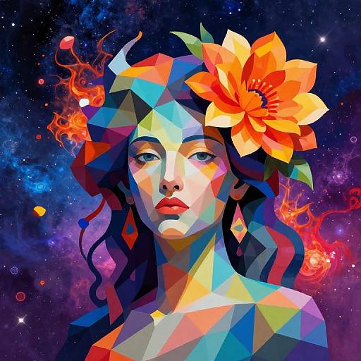 Digital art of a woman with colorful geometric patterns, an orange flower in her dark hair, and a cosmic background.
