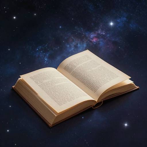 Open book with illuminated pages floating in a starry, cosmic background. The book's yellowed pages contrast with the dark, vibrant galaxy. Photoreal