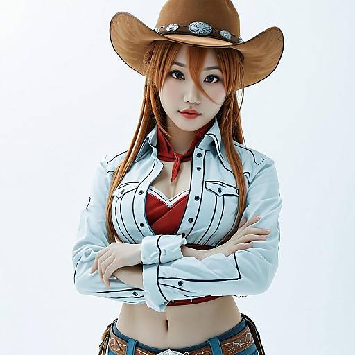 Digital cosplay photograph of an Asian woman with long red hair, wearing a brown cowboy hat, white button-up shirt, red bra, and jeans, standing