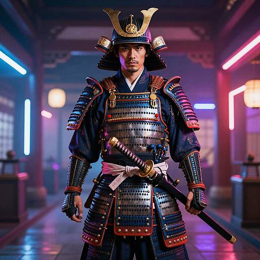 Photograph of a Japanese samurai in detailed, colorful armor with a gold helmet, holding a katana, standing in a neon-lit hallway.