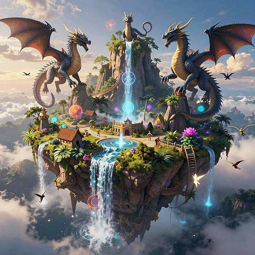 Fantastical digital art of a floating island with two dragons, cascading waterfalls, colorful glowing orbs, tiny village, and lush greenery amidst