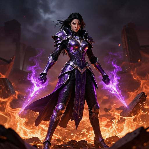 Digital artwork of a fierce, black-haired woman in metallic purple armor, wielding glowing purple energy swords amidst a fiery, ruined landscape.