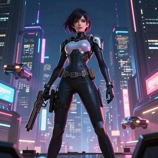 CGI digital art: fierce brunette woman in black, glossy, form-fitting suit with white chest panel, holding gun, standing in neon-lit