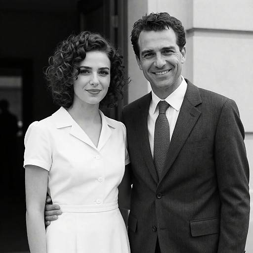 Black-and-white photograph of a smiling couple; woman in white blouse, short curly hair, man in dark suit, white shirt, patterned tie.