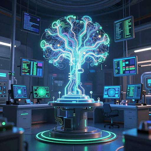 Neon-lit, glowing tree centerpiece in futuristic control room with multiple colorful screens displaying data, illuminated by blue and green lights.