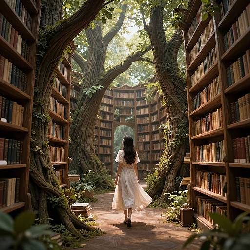 Photograph-like digital art: A woman in a flowing white dress walks through a sunlit, enchanted library aisle flanked by towering trees and booksh