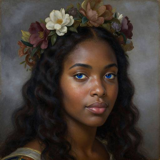 Digital portrait of a beautiful Black woman with vibrant blue eyes, wearing a floral crown, with wavy dark hair and soft, natural makeup. Gray background