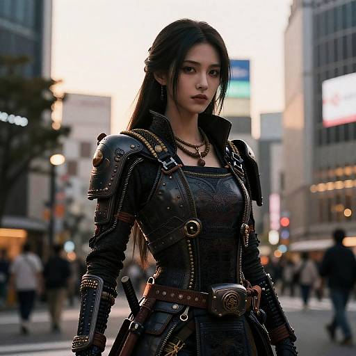 Photorealistic digital art of an Asian woman with long black hair, wearing detailed black leather armor, standing in a bustling urban street at sunset.