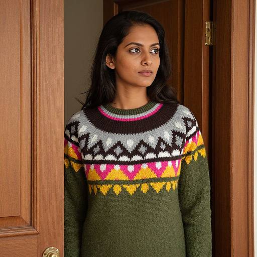 Photograph of a young South Asian woman with medium skin tone and black hair, wearing a green, patterned knit sweater, standing in a wooden door
