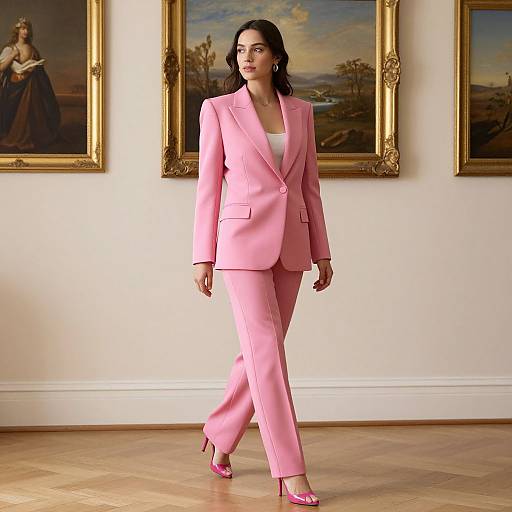 Photograph of a confident woman in a pink suit, white top, and pink heels, walking in an art gallery with two framed paintings on a white