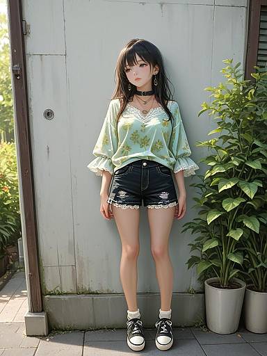 Photograph of a young woman with long black hair, wearing a white lace-trimmed top, black denim shorts, black choker, and black