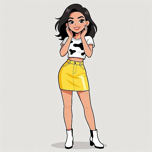 Digital cartoon of a smiling woman with black hair, wearing a white crop top with black heart, yellow skirt, white socks, and black shoes. She