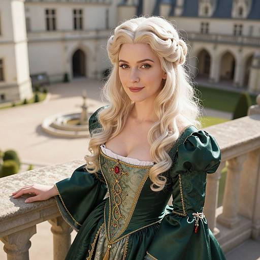 Photorealistic digital art: Blonde woman with wavy hair in green, embroidered Renaissance dress, standing on a stone balcony of a grand chateau.