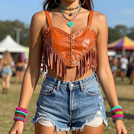 Photograph of a tan-skinned woman in a fringed orange leather crop top, high-waisted denim shorts, colorful bracelets, and turquoise necklace